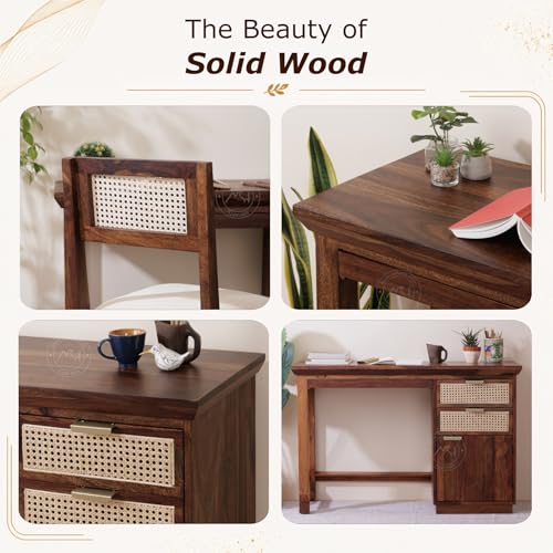 Image of NSH Solid Sheesham Wood Study Table with Chair | Wooden Writing Desk with Drawer & Door Storage | Pre-Assembled Computer Desk Workstation for Home Office & Study Room | Teak Finish