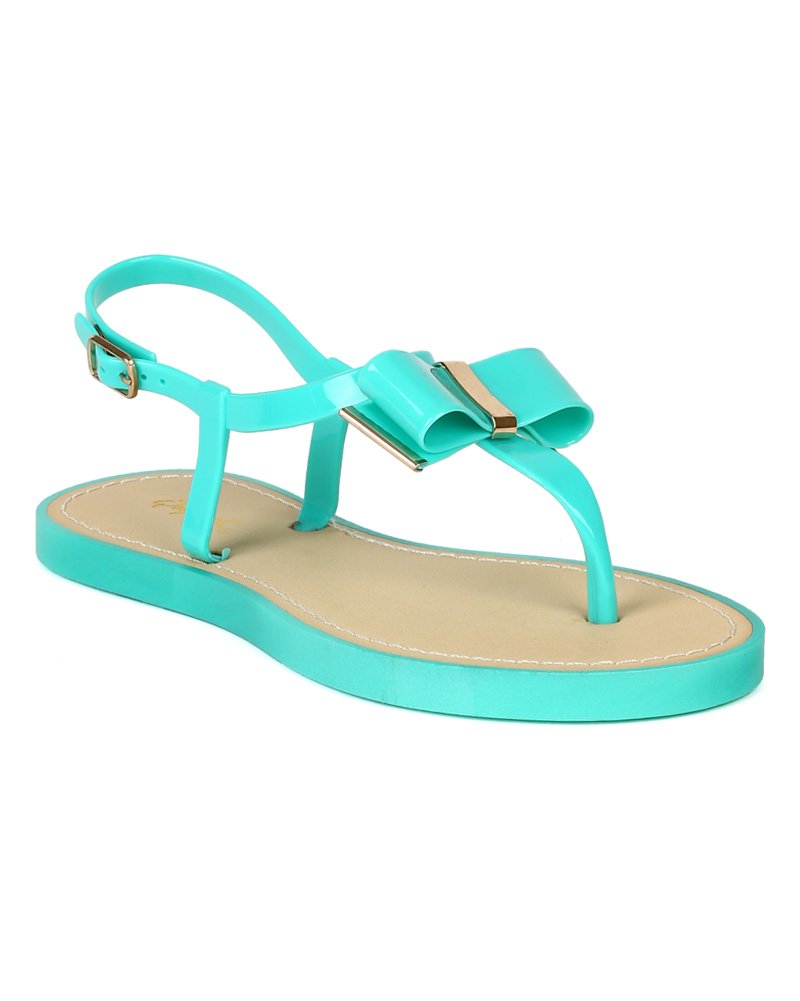Qupid Women Jelly PVC Bow Decor Gold Trim Gladiator Thong Sandal BC82 - Sea Green