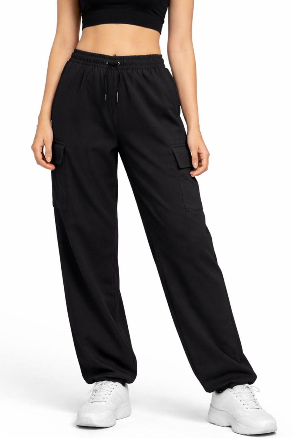 flirty touch Women's Cargo Pants, Black, Drawstring Waist, Wide Leg, Casual Streetwear with Side Pockets-picture-17