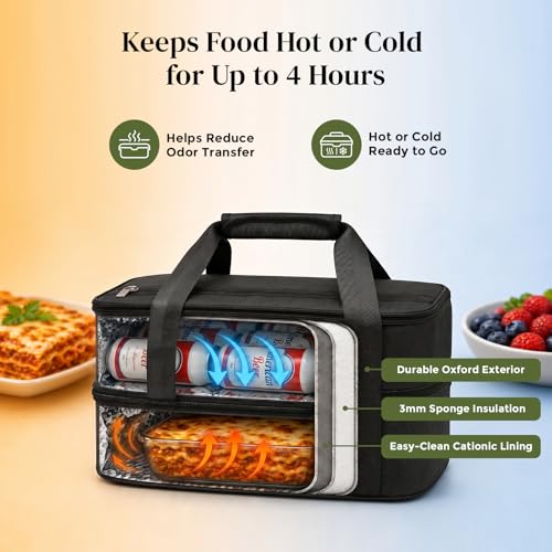 Image of DOWAN Insulated Casserole Carrier - Double Decker Food Delivery Bag Fits 9x13 Baking Dish, Expandable Lasagna Lugger Tote for Hot or Cold Food, Potluck, Picnic, Camping, BBQ - Black