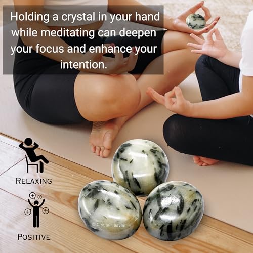 Image of Green Tourmaline in Quartz Crystal Palm Pebbles Stones for Anxiety Stress Relief Massage - AAA Grade Original Healing Gemstone Agate Palm Stone for Yoga Meditation Spiritual Reiki Feng Shui