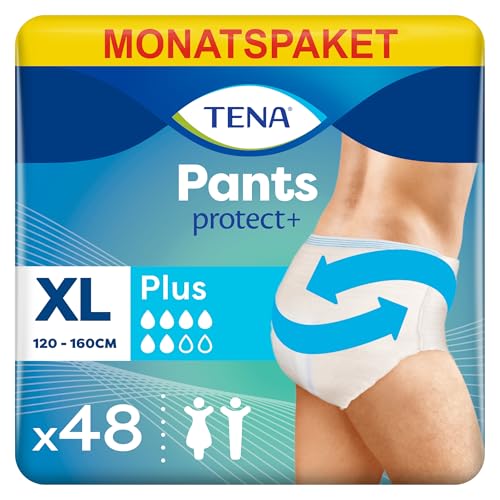 TENA Pants Plus XL – Pack Mensual de 48 Unidades (4 x 12) – Ropa Interior Absorbente para Incontinencia Moderada a Fuerte – Talla Extra Grande (120 160 cm) y Control de Olor