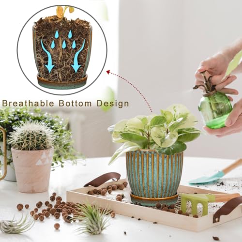 Oairse Set of 2 Ceramic Plant Pots 13CM 15CM Green Ceramic Planter with Drainage Holes and Saucers Decorative Stripe Plant Pots Indoor Modern Flower Pots for Succulent Cactus Orchid House Plants - Image 2