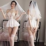 Größe: Einheitsgröße ZHANGNUO Sexy Dessous Brautkleid Uniform Lace Pure Sweet Wedding Sexy Transparente Prinzessin Set Einheitsgröße/Weißes Hochzeitskleid + Schleier + weiße Strümpfe