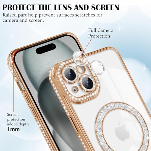 Image of Cute Compatible with iPhone 15 Diamond Glitter Case,Luxury Bling Rhinestone Soft Clear TPU Bumper Case,Compatible with MagSfe and Camera Lens Protection Cover for Women Girls (Gold)