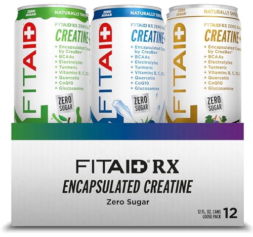 Image of FITAID RX Zero Sugar, Encapsulated Creatine, Workout Recovery Drink, All-In-One Blend, BCAAs, Glucosamine, Turmeric, B-Complex, Electrolytes, Variety Pack, 12 Fl Oz (Pack of 12)
