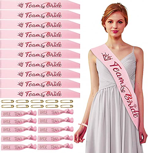 10 Team Bride Sash,Ceinture Partie Bachelorette,EVJF Accessoire+10 Bracelethms+10 Épingles,Pour Bridal Party de Poule Fête de Nuit,Enterrement de Vie de Jeune Fille,Fiançailles et Douche Nuptiale Cover