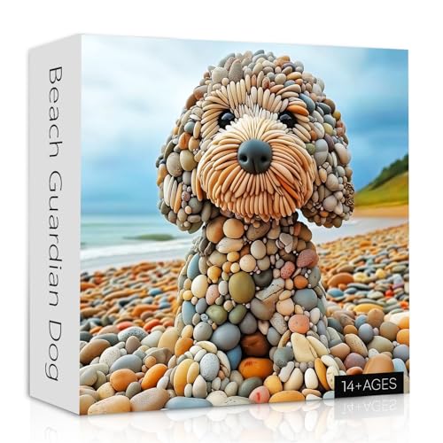 PICKFORU Funny Dog Jigsaw Puzzles 1000 Pieces for Adults, Summer Beach Guardian Dog Puzzle Cute, Interesting Seaside Stone Puppy Theme as Home Decor