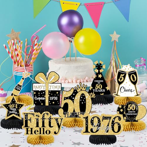 Image of 9 Pcs 50th Birthday Decorations Honeycomb Centerpieces for Women Men, Black Gold 1976 Aged to Perfection Vintage Centerpieces for Tables Toppers,Fifty Years Party Decorations Supplies