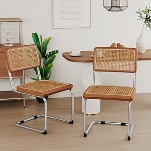 Alunaune Modern Mid Century Dining Chairs Set of 2, Upholstered Natural Rattan Kitchen Chairs Accent Chair, Armless Side Chairs with Metal Chrome Legs for Bedroom Living Room-Brown