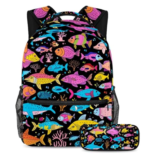 Cartables grande capacité poisson aquarelle avec trousse ergonomique et compartimentés pour ado