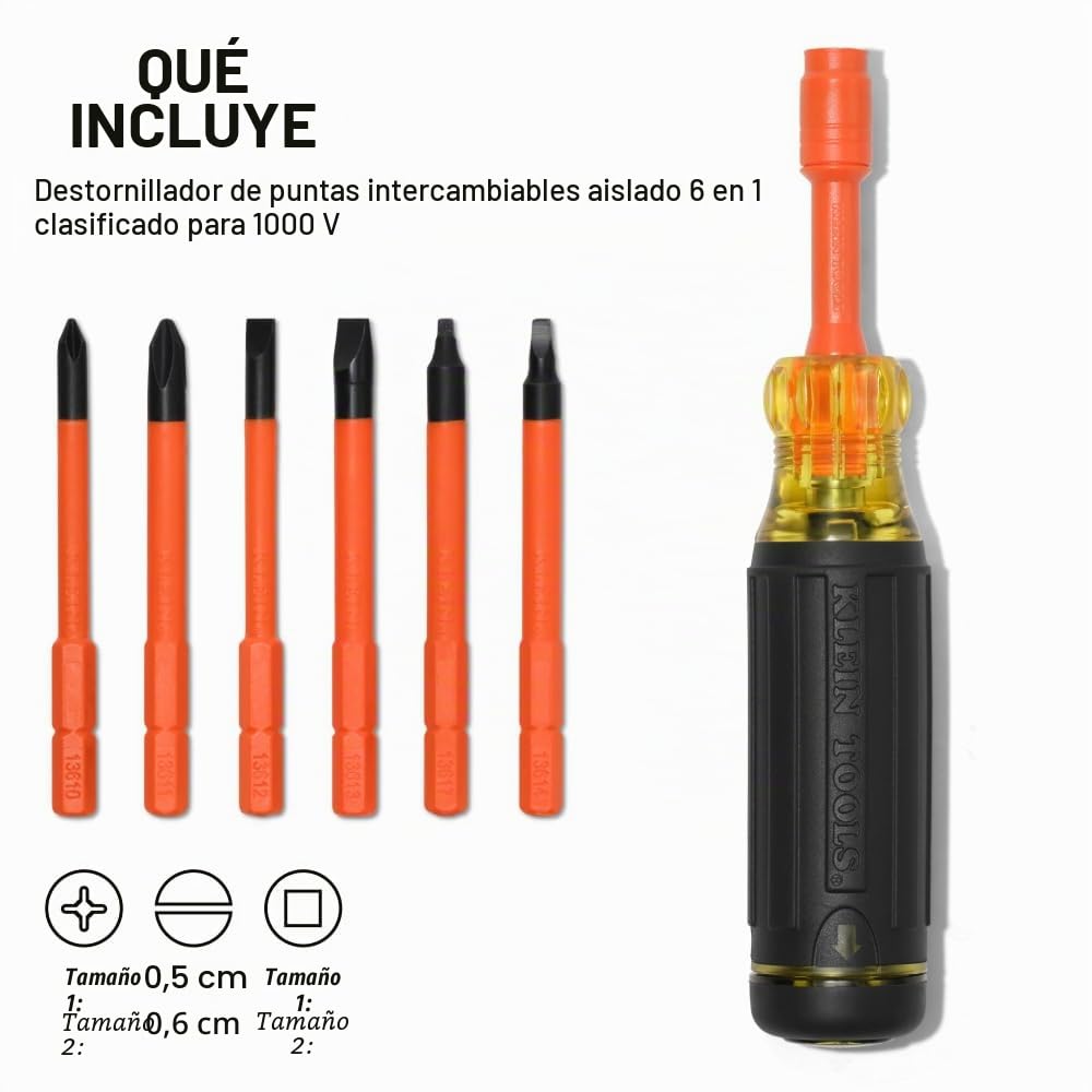 Klein Tools 32306INS - Destornillador multibroca aislado 6 en 1, destornillador multibroca con cuello de bloqueo automático, clasificación de 1000 V, almacenamiento de brocas en el mango