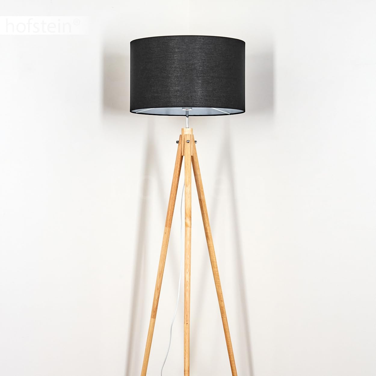 Stehleuchte Flemming, Stehlampe aus Holz/Stoff in Naturfarben/Schwarz/Weiß, Leuchte im skandinavischen Design mit rundem Schirm (Ø 50 cm) u. Fußschalter, Höhe 162 cm, 1 x E27, ohne Leuchtmittel