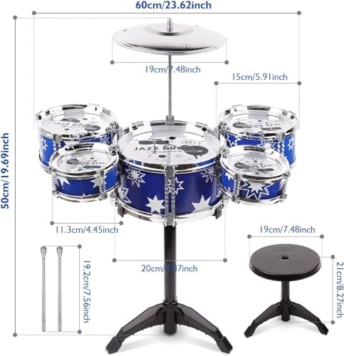 Toddler Drum Set 24 Inches Drum Set for Kids Musical Instruments Kids Jazz Drum Kit with Stool, Cymbal, 2 Drum Sticks and 5 Drums Toys for 3 4 5 Year Old Boys Girls Birthday Christmas Gifts 7 5159jG+oftL. AC