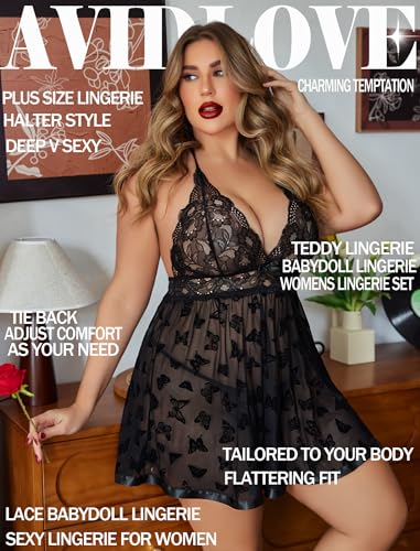 Image of Avidlove Women Plus Size Babydoll Lingerie Lace Chemise Mesh Sleepwear | Sexy Plus-sized Teddies V Neck Sheer Mesh Lace Babydoll Lingerie Dress Teddy Chemise Nighty Sleepwear L-5XL