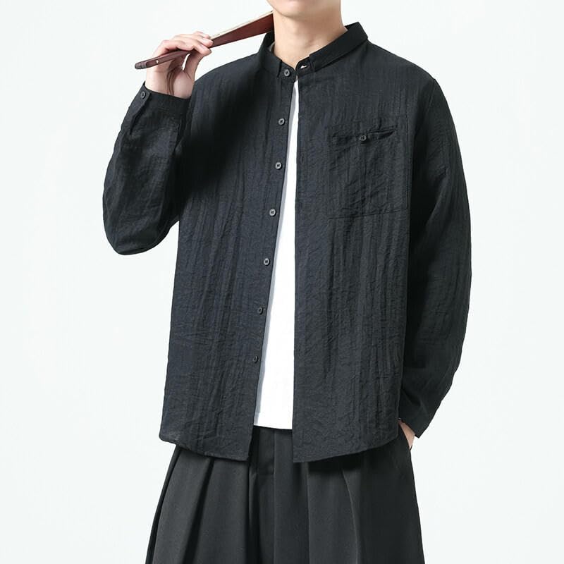 Chemise style chinois manches longues lin mélangé ample unisexe décontractée - 4