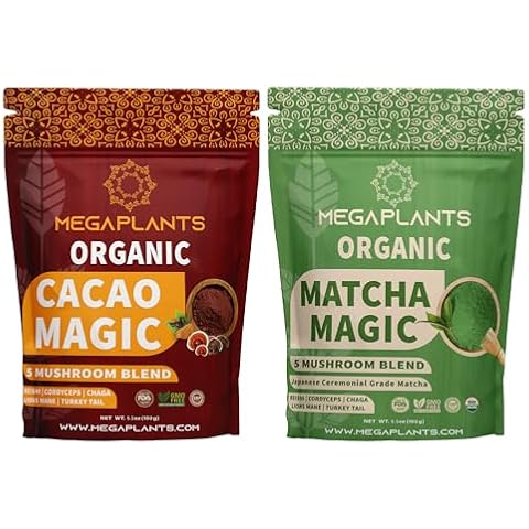 MegaPlants Cacao Magic & Matcha Magic (50 Servings) | Superfood 5 Mushroom Powder Blend for Focus, Clarity & Energy | USDA Organic Cover