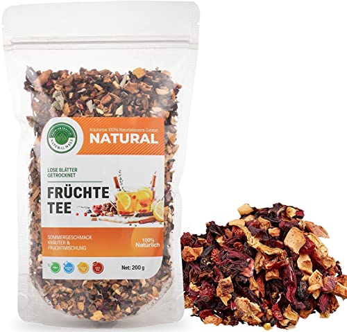 Natural World Fruit Tea 200g I loose fruit tea mixture I combined with hibiscus, sage, orange peel, lemon peel, cinnamon, rose hips and apple I premium quality