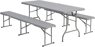 Pack 2 Bancos Plegables + Mesa Abatible Rectangular Tipo Maleta 180x76cm de Exterior, Jardín, Catering y Hostelería, Conjunto Portátil Auxiliar para Comedor y Camping