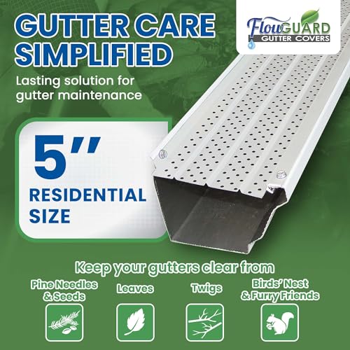 Image of FlowGuard Gutter Guard, USA Made Professional DIY 5 Inch 50-Year Gutter Cover Leaf Protection System - White - Aluminum - 102 Feet - by FlexxPoint