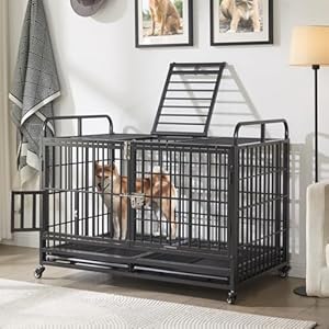 Lauren&Harold 48 Inch Heavy Duty Dog Crate Furniture for Medium/Large Dogs, Metal Dog Kennel Indoor with Top Door&Feed Door, XL Dog Cage with Removable Tray&Wheels, Large Dog crates Pet House LaurenHarold 48 Inch Heavy Duty Dog Crate Furniture for MediumLarge Dogs Metal Dog Kennel Indoor with Top DoorFeed Door XL Dog Cage with Removable TrayWheels Large Dog crates Pet House