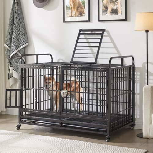 LaurenHarold 48 Inch Heavy Duty Dog Crate Furniture for MediumLarge Dogs Metal Dog Kennel Indoor with Top DoorFeed Door XL Dog Cage with Removable TrayWheels Large Dog crates Pet House
