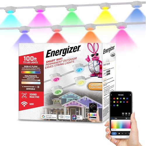 Energizer Smart Permanent Outdoor RGB+IC Lights, 100ft, 72 LED Sound Reactive Eaves Lights, Weather & Water Resistant, App & Voice Control with Alexa, Siri, Google, Grouping, Scheduling, 2.4GHz Wi-Fi - image 1