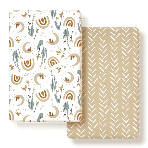 GRSSDER Stretchy Pack and Play Sheets, Ultra Soft Jersey Knit Fitted Pack n Play Sheets Set 2 Pack, Portable/Mini Cribs Sheets for Girls and Boys, Rainbow Pattern