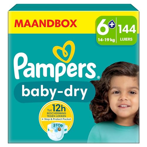 Pampers Baby-Dry, taglia 6+, 144 strati, 14-19 kg, extra assorbente, una notte fino al 100% senza perdite con la tasca Stop & Protect sul retro del pannolino, confezione 1 mese