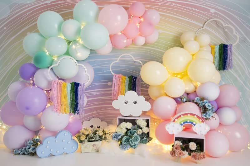 Miniatura 4 de Telón de fondo de arcoíris pastel de 10 x 6.5 pies, decoración de fiesta de baby shower, fotografía de fondo para niñas, fondo de flores, globos,