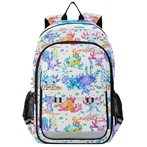 Watercolor Cute Axolotl Backpack Lightweight Laptop Backpack School Bag Student Travel Daypack with Reflective Stripes