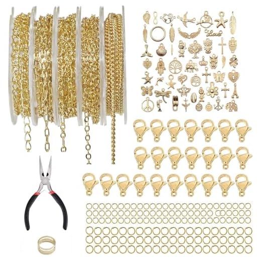 Euakee 5 Rollen Gliederkette Gold, Schmuckkette Gliederkette Meterware, Schmuckherstellung Zubehör mit 50 Breloque Acier Inoxydable, Ketten Selber Machen Set für Halsketten, Armbänder, Ohrringe