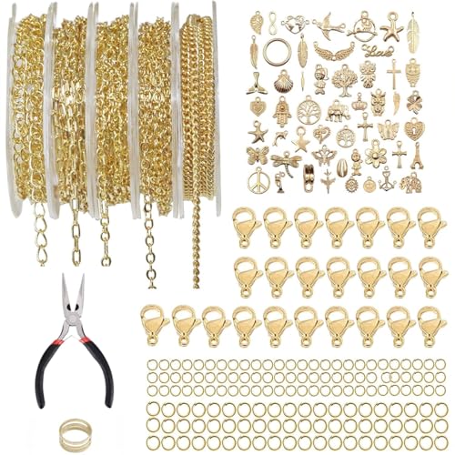Euakee 5 Rollen Gliederkette Gold, Schmuckkette Gliederkette Meterware, Schmuckherstellung Zubehör mit 50 Breloque Acier Inoxydable, Ketten Selber Machen Set für Halsketten, Armbänder, Ohrringe