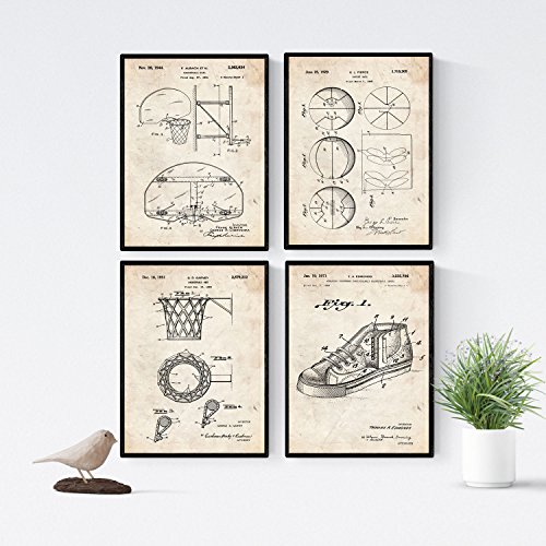 Láminas de patentes de baloncesto Nacnic, el regalo vintage perfecto en pack de 4 posters 2