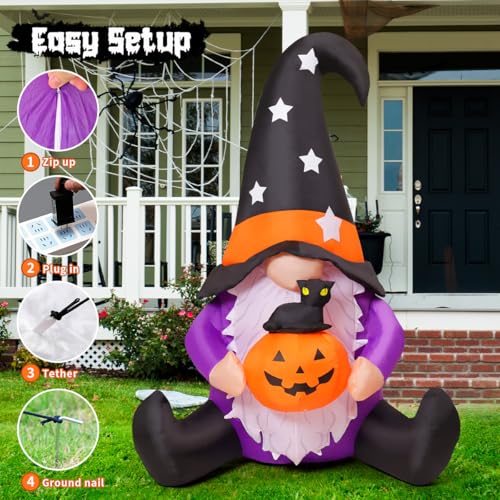 Image of GOOSH 5 FT Halloween Gnomes Inflatables Outdoor Decorations, Gnome with Pumpkin Blow Up Yard Decorations Built-in LED Lights for Halloween Outdoor Decoration