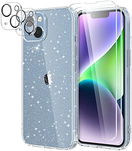 YIRSUR Glitter Clear Case Compatible with iPhone 14 Plus 6.7" with 2 Pack Screen Protector with 2 Pack Camera Lens Protector, Soft TPU Bumper Anti-Scratch Shockproof Transparent Sparkly Cover