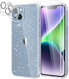 YIRSUR Glitter Clear Case Compatible with iPhone 14 Plus 6.7" with 2 Pack Screen Protector with 2 Pack Camera Lens Protector, Soft TPU Bumper Anti-Scratch Shockproof Transparent Sparkly Cover
