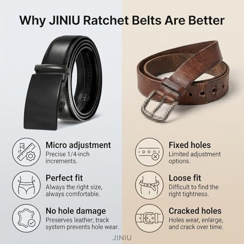 Image of JINIU Men's Ratchet Belt Buckle, Black Genuine Leather Slide Belt for Men Dress Suit, Micro Adjustable Trim to Fit Boxed