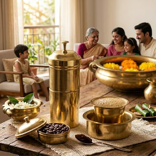 Image of Pure Brass South Indian Coffee Filter with 1 Dabara Set | Handcrafted Madras Drip Decoction Maker | Traditional Copper Finish Coffee Brewer for Home & Office