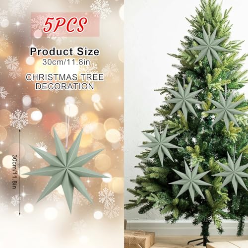 Image of 12 Inches 5 PCS Sage Green Paper Star Lanterns Christmas Party Decorations Hanging Stars Christmas Party Decorations Wedding Birthday Christmas Home Party Decorations(9 Pointed)
