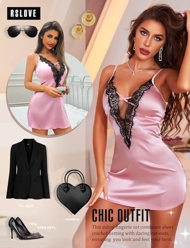 Image of RSLOVE Women's Lingerie Sexy Nightgown - Satin Lace Babydoll Deep V Chemise Full Slips Nightie Sleepwear