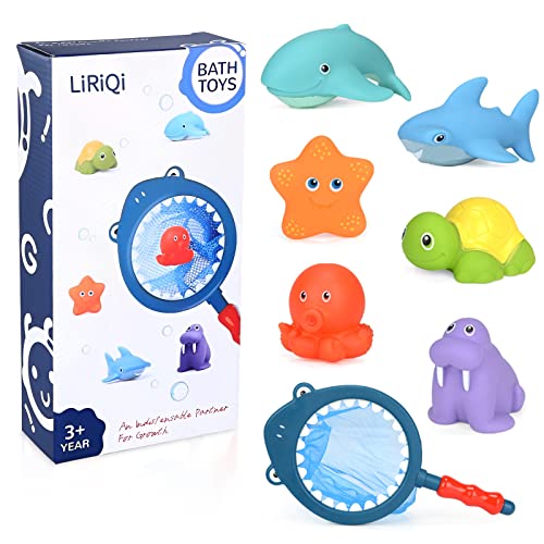 LiRiQi Juguetes Baño Bebe, Juguetes Bañera para Bebe Niños Niñas de 1 2 3 4 Año, 7 Piezas Juguetes de Natación del Flotante, Red de Pesca, Juegos de Agua Los Bebés Juguetes Educativos Piscina