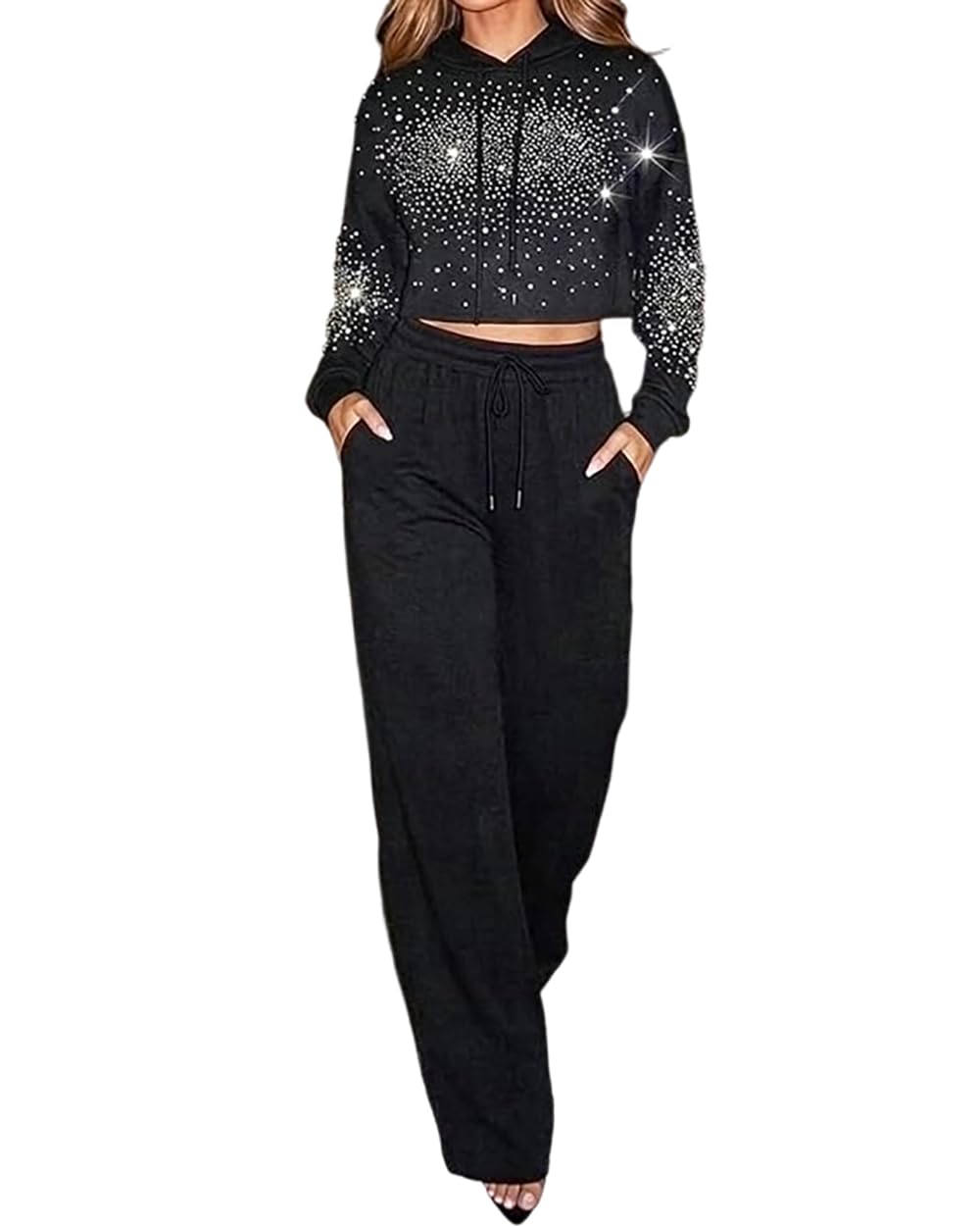CHICME Rhinestone Hoodie Sweatpants Set for Women Fall 2 Piece Outfit