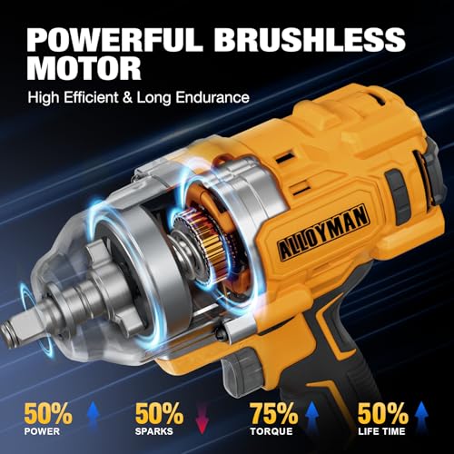 Alloyman Cordless Impact Wrench, 1475Ft-lbs (2000N.m) 20V Power Impact Driver,1/2 High Torque Brushless Impact Gun, 4000mAh Battery,3 Sockets, Brushless Motor Variable Speeds for Car/Truck RV/Mower