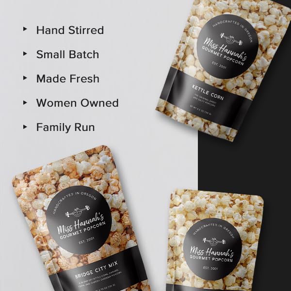 Miss Hannah's Gourmet Popcorn Starter Pack - Sea Salted Brulee, Bridge City Mix, Pickles & Popcorn - Non-GMO, Sweet & Savory Snack Box for Gifting or Sharing - 3 Pack Artisan Popcorn Gift Set