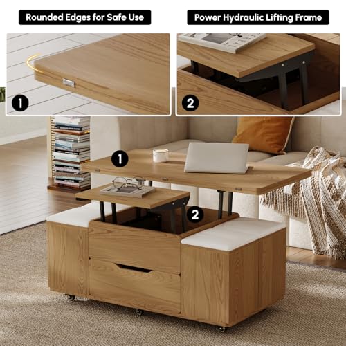 homary Natural Lift Top Coffee Table with Hidden Storage, 3 in 1 Multi-Function Modern Folding Center Table with 4 Stools and Casters
