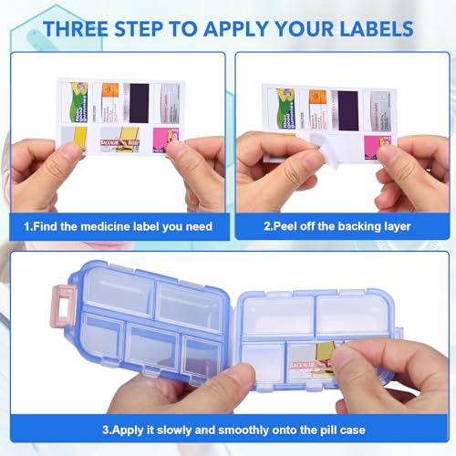 Image of Travel Pill Organizer with 189 Medicine Labels, 10 Compartments Small Pill Case Compact and Portable Travel Pill Box for Airplane Car Purse Nurse Vacation Essentials (Blue, 1 Pack)