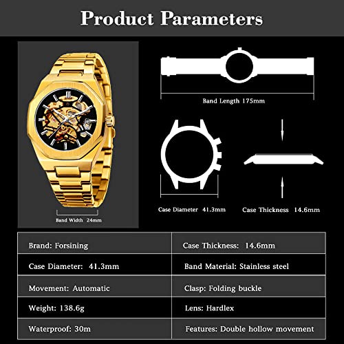 Tiong Mens Watch Luxury Skeleton Mechanical Stainless Steel Waterproof Black Automatic Self-Winding Wrist Watches for Men