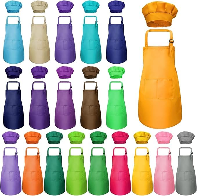 20 Pcs Kids Apron and 20 Pcs Chef Hat Set Aprons with 2 Pockets Adjustable Chef Apron Cooking Painting Aprons Art Apron and Hats for Kitchen (20 colors, 61 x 43 cm)