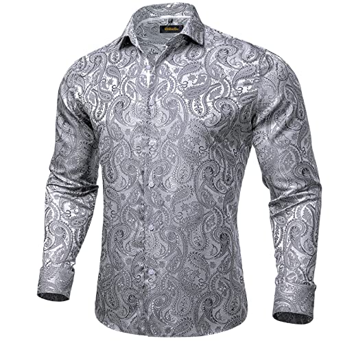 DiBanGu Mens Silk Paisley Dress Shirts Casual Jacquard Long Sleeve Button Down Shirt with Collar Pin Wedding Party2